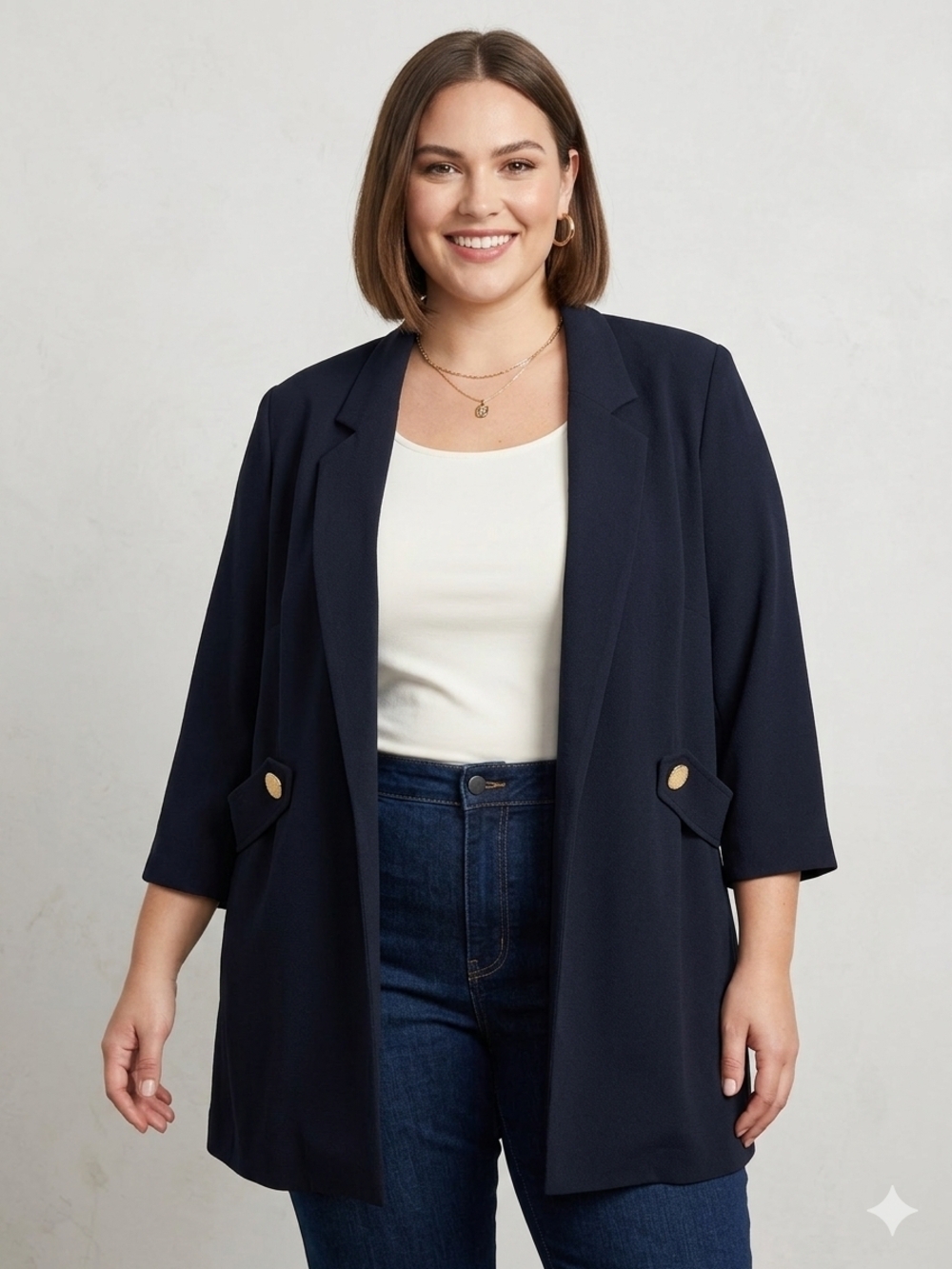 Women's Navy Open-Front Blazer Jacket - Modern Relaxed Fit